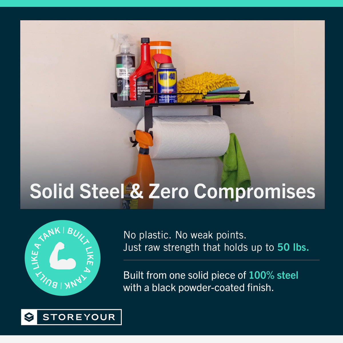 StoreYourBoard heavy-duty alloy steel construction supports heavy garage loads.
