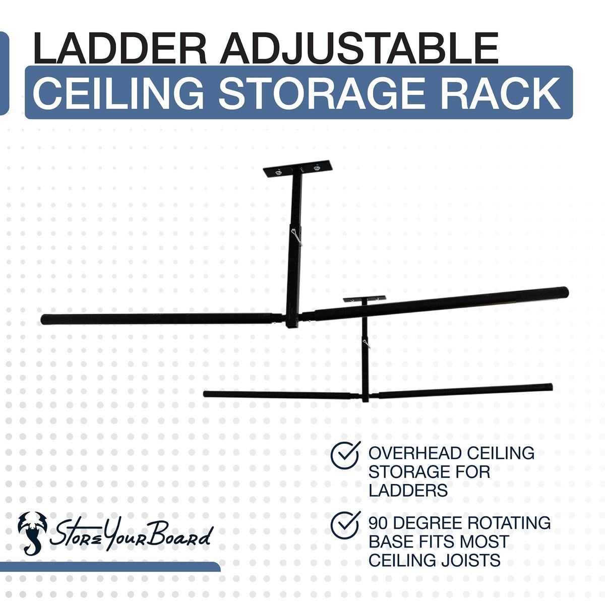 StoreYourBoard ladder rack securely holds heavy ladders for easy, safe access.