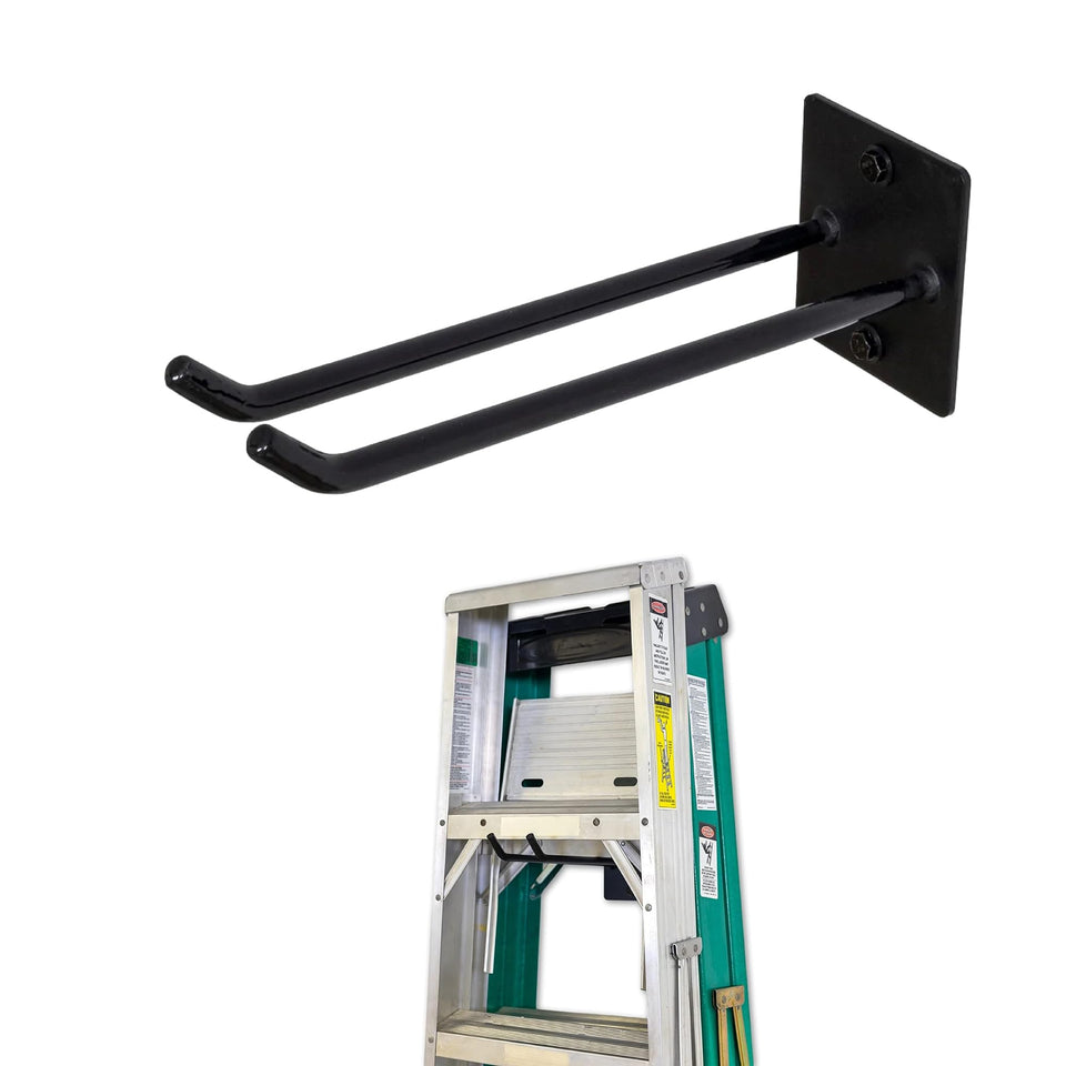 StoreYourBoard heavy-duty steel ladder storage wall hook holding up to three ladders, freeing floor space.