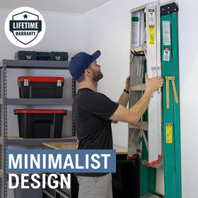 StoreYourBoard wall-mount ladder hanger keeps 2–3 ladders secure and accessible in the garage.