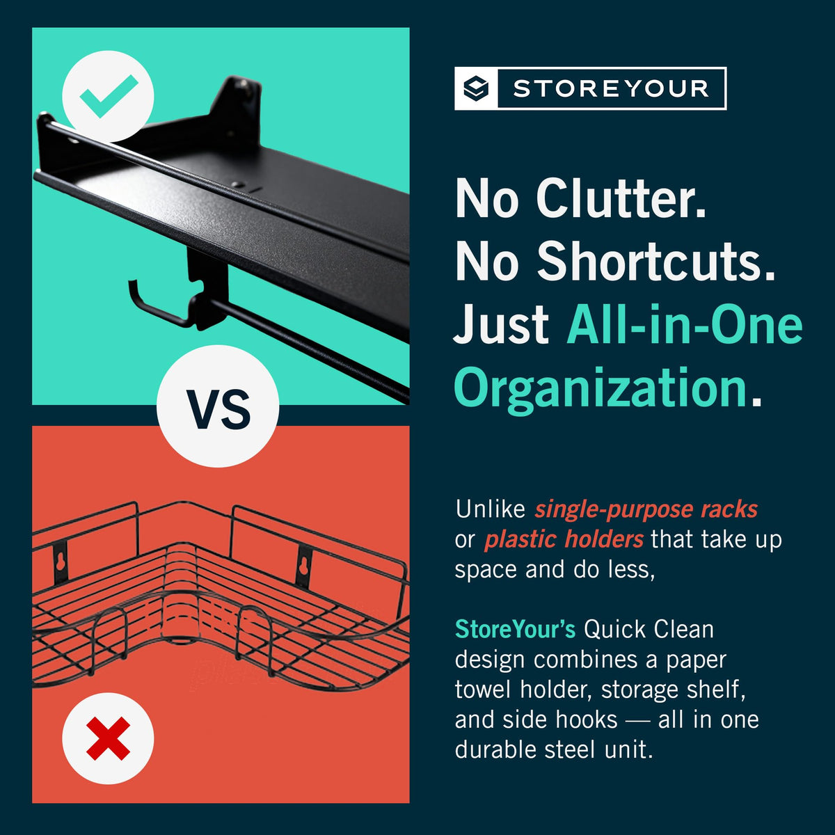 StoreYourBoard multi-function storage shelf holds cleaning supplies and gloves.