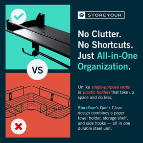 StoreYourBoard multi-function storage shelf holds cleaning supplies and gloves.