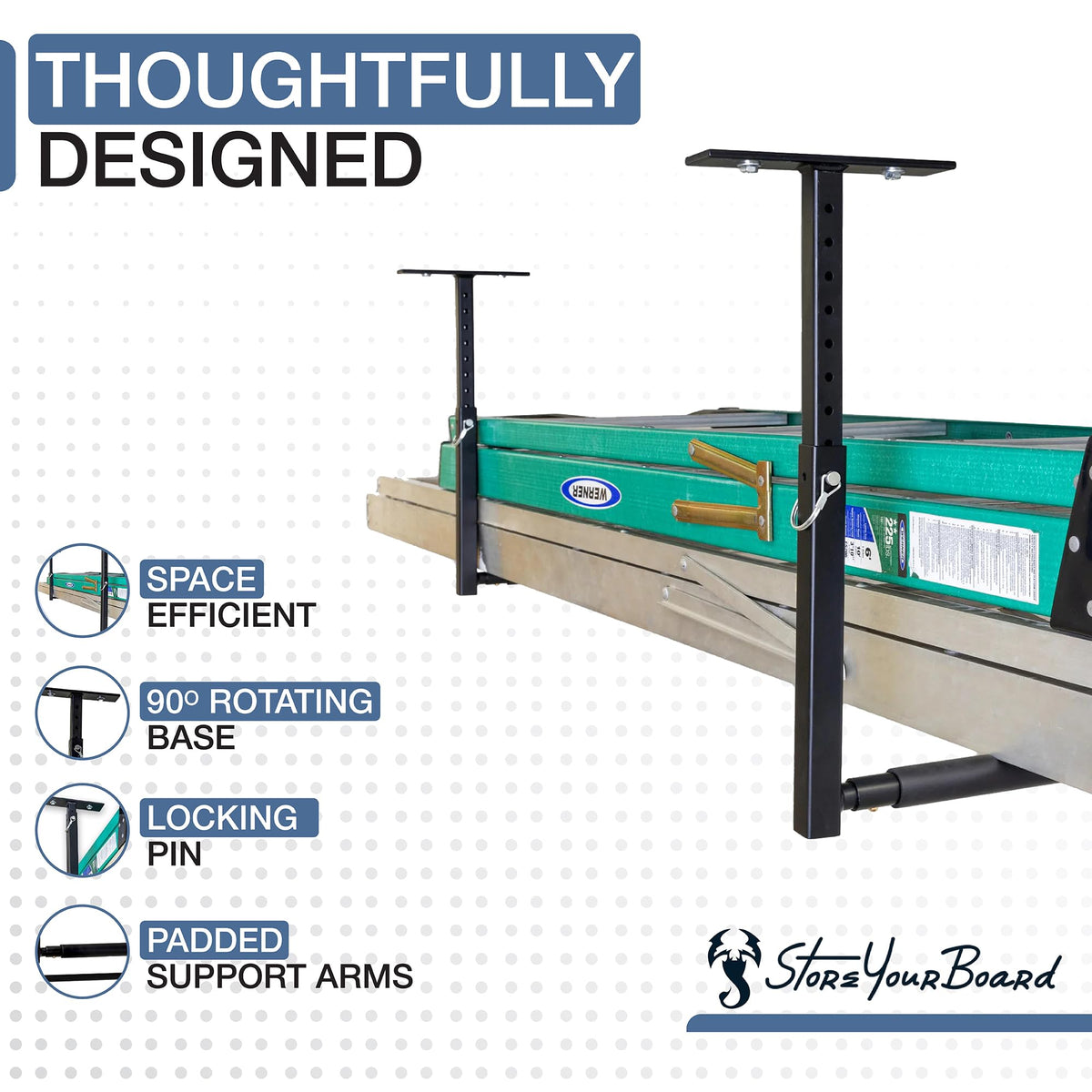 StoreYourBoard overhead ladder rack with height adjustment from 12.125 to 20.125 inches.