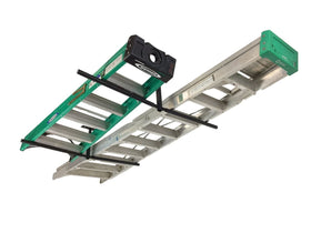 StoreYourBoard overhead ladder rack installed keeps ladders off the floor and frees workspace.
