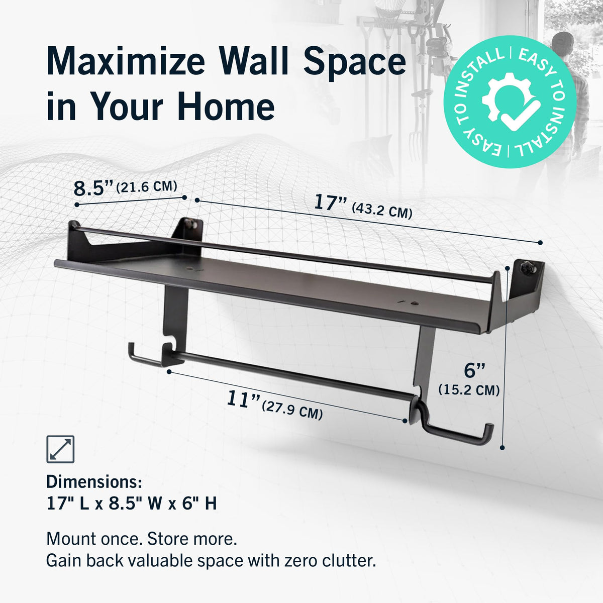 StoreYourBoard wall shelf above towel dispenser adds space for tools and cleaners.