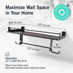 StoreYourBoard wall shelf above towel dispenser adds space for tools and cleaners.