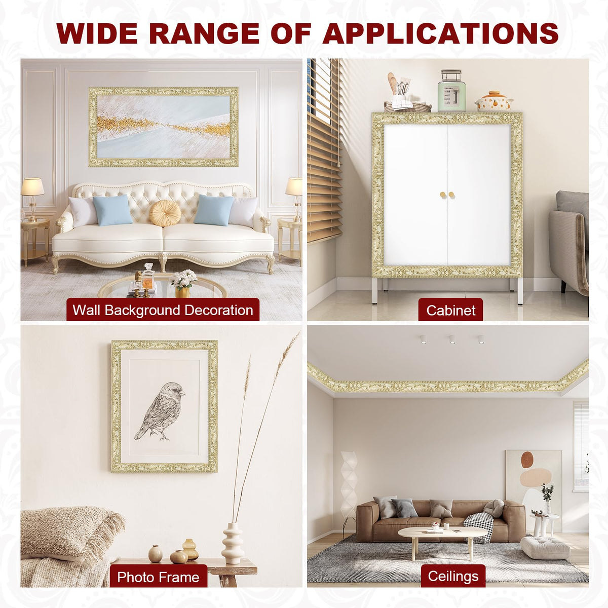 Storystore champagne gold ceiling decor elevates room vertical lines.