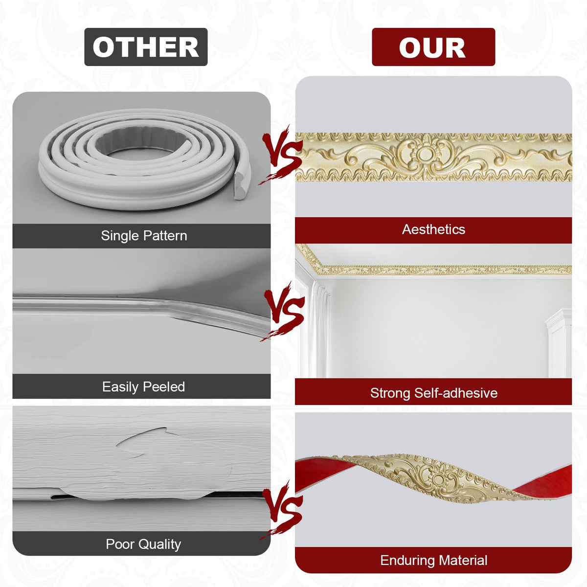 Storystore champagne gold furniture-edge trim protects and embellishes corners.
