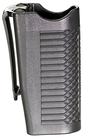 Streamlight holster worn on duty belt during action, keeps flashlight accessible and stable.