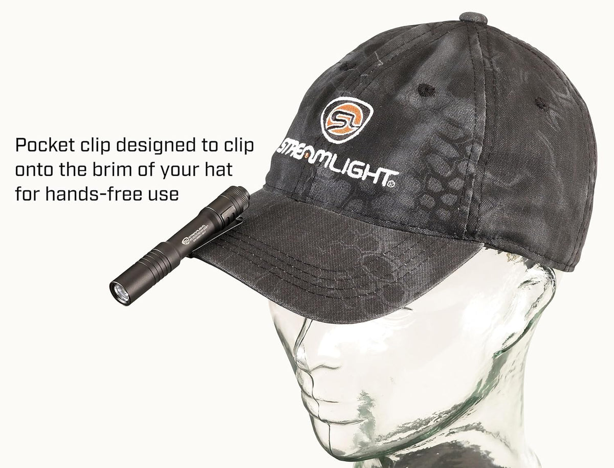 Streamlight MicroStream USB flashlight clipped to hat brim for hands-free lighting.