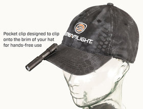 Streamlight MicroStream USB flashlight clipped to hat brim for hands-free lighting.