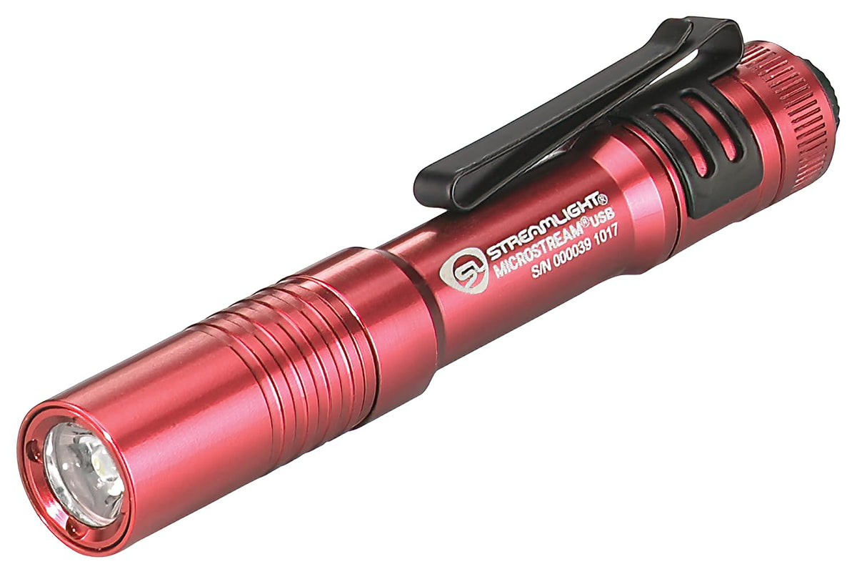 Streamlight MicroStream USB flashlight close-up highlighting compact, rugged aluminum design.
