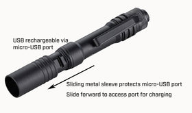 Streamlight MicroStream USB flashlight with pocket clip attached for hands-free use.