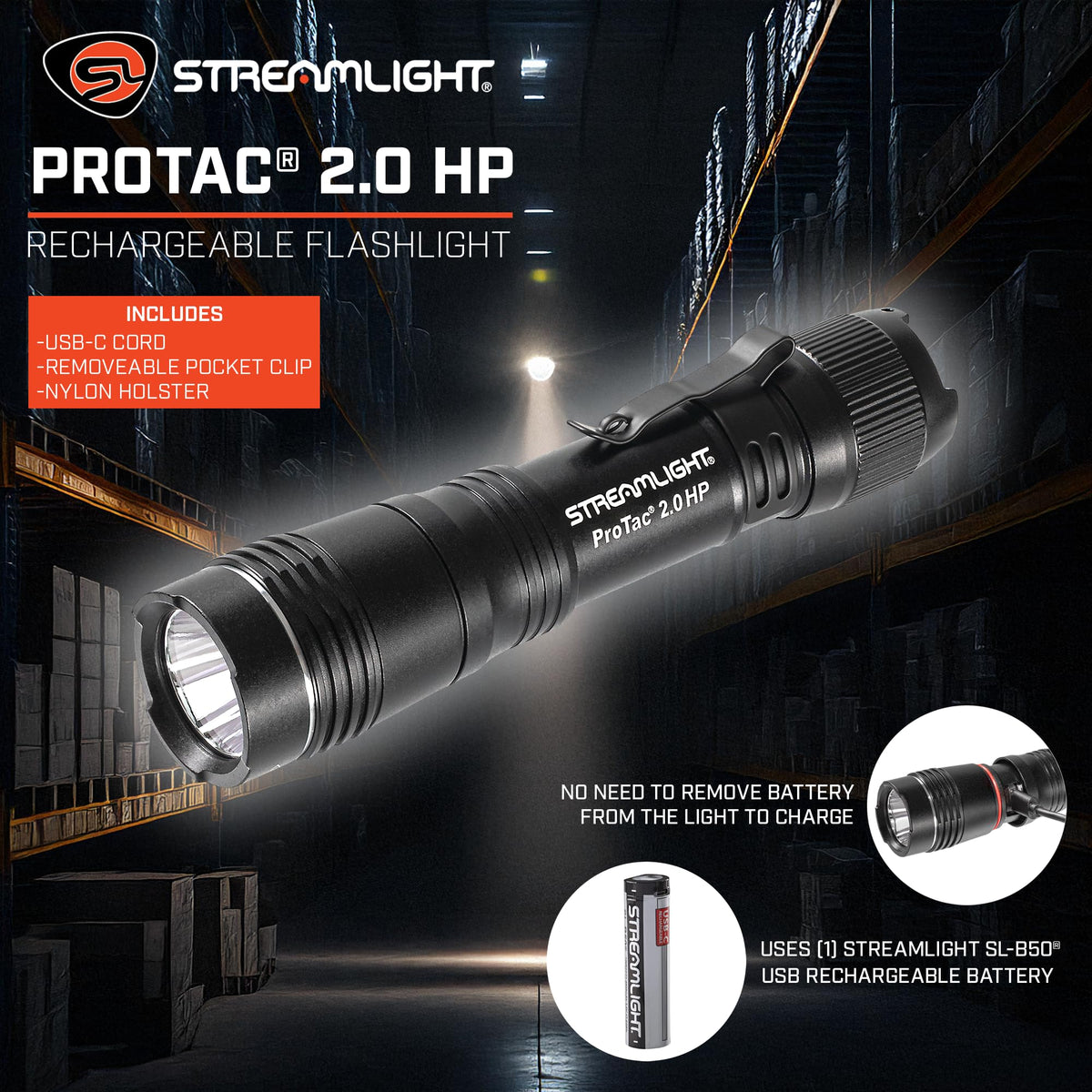 Streamlight ProTac 2.0 HP kit includes battery, charger, clip, and holster.