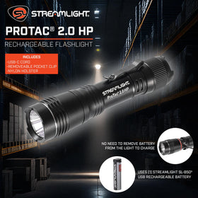 Streamlight ProTac 2.0 HP kit includes battery, charger, clip, and holster.