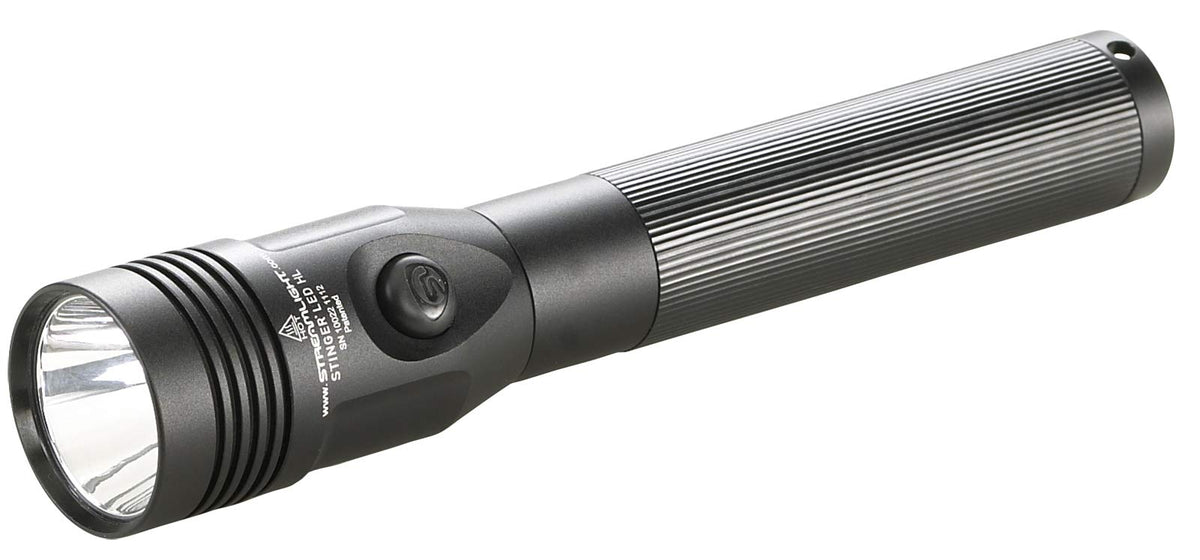 Streamlight Stinger HL 800-lumen flashlight front view highlighting rugged aluminum body for professional use.