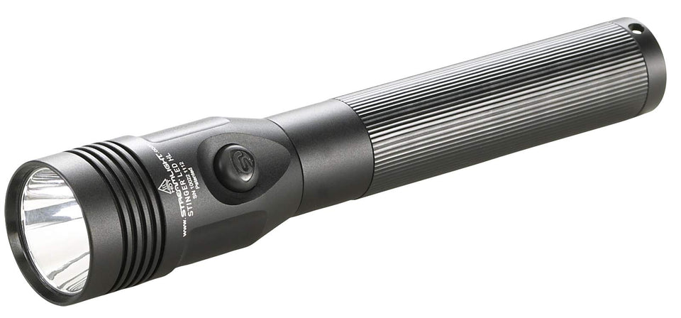 Streamlight Stinger HL 800-lumen flashlight front view highlighting rugged aluminum body for professional use.