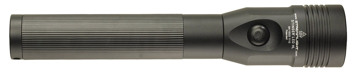 Streamlight Stinger HL 800-lumen flashlight side view emphasizing non-slip grip for secure handling.