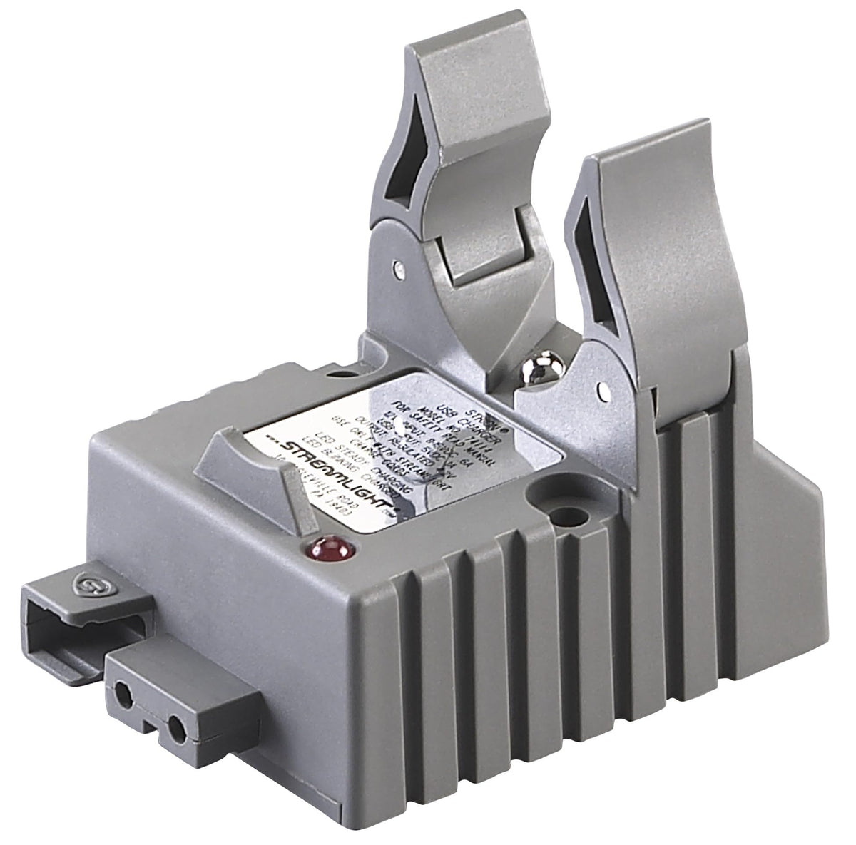 Streamlight Strion charger holder gray in use beside a Strion flashlight for rapid charging