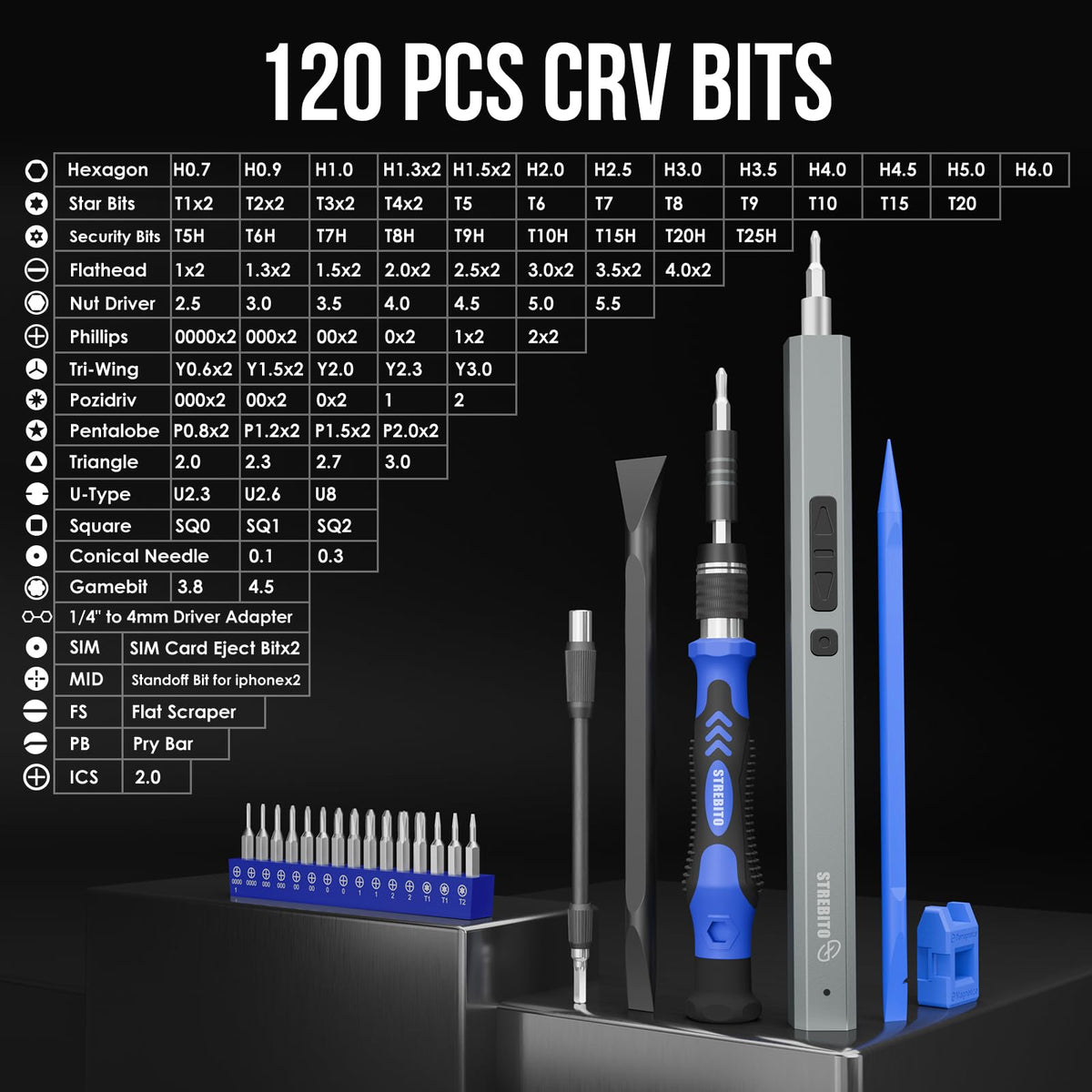 STREBITO 120 magnetic bits for broad electronics compatibility and quick swaps.
