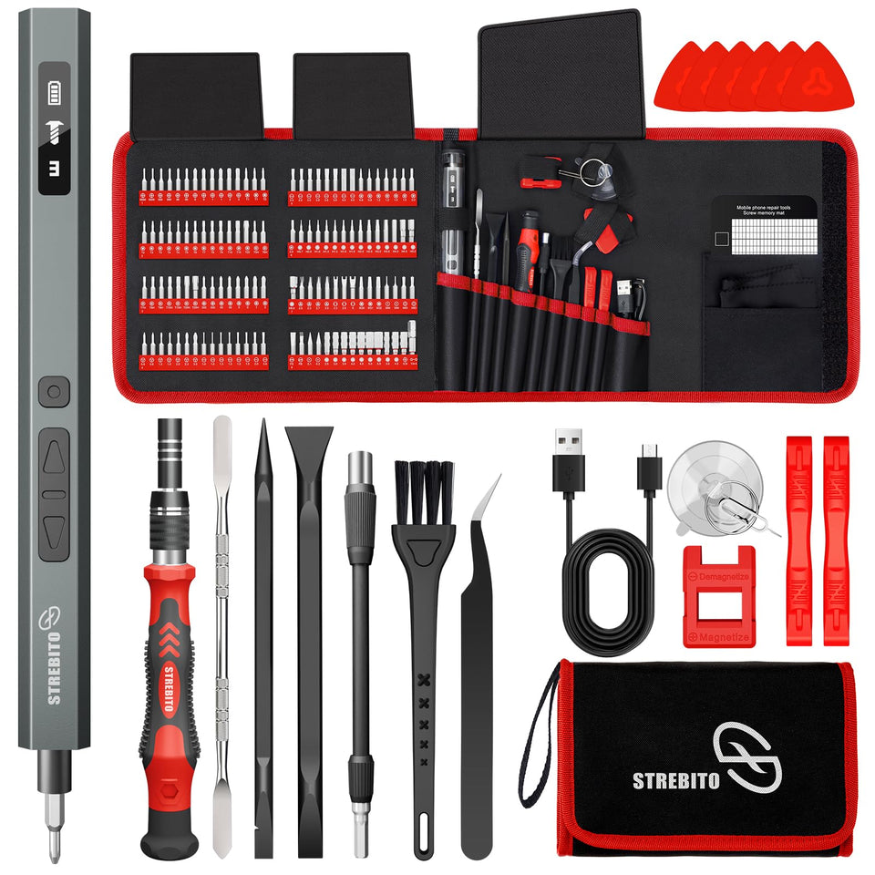 STREBITO 144-piece kit with digital torque display for electronics repair.