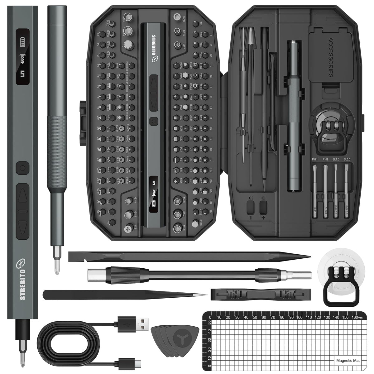 STREBITO 155-in-1 case keeps tools organized for on-the-go repairs.