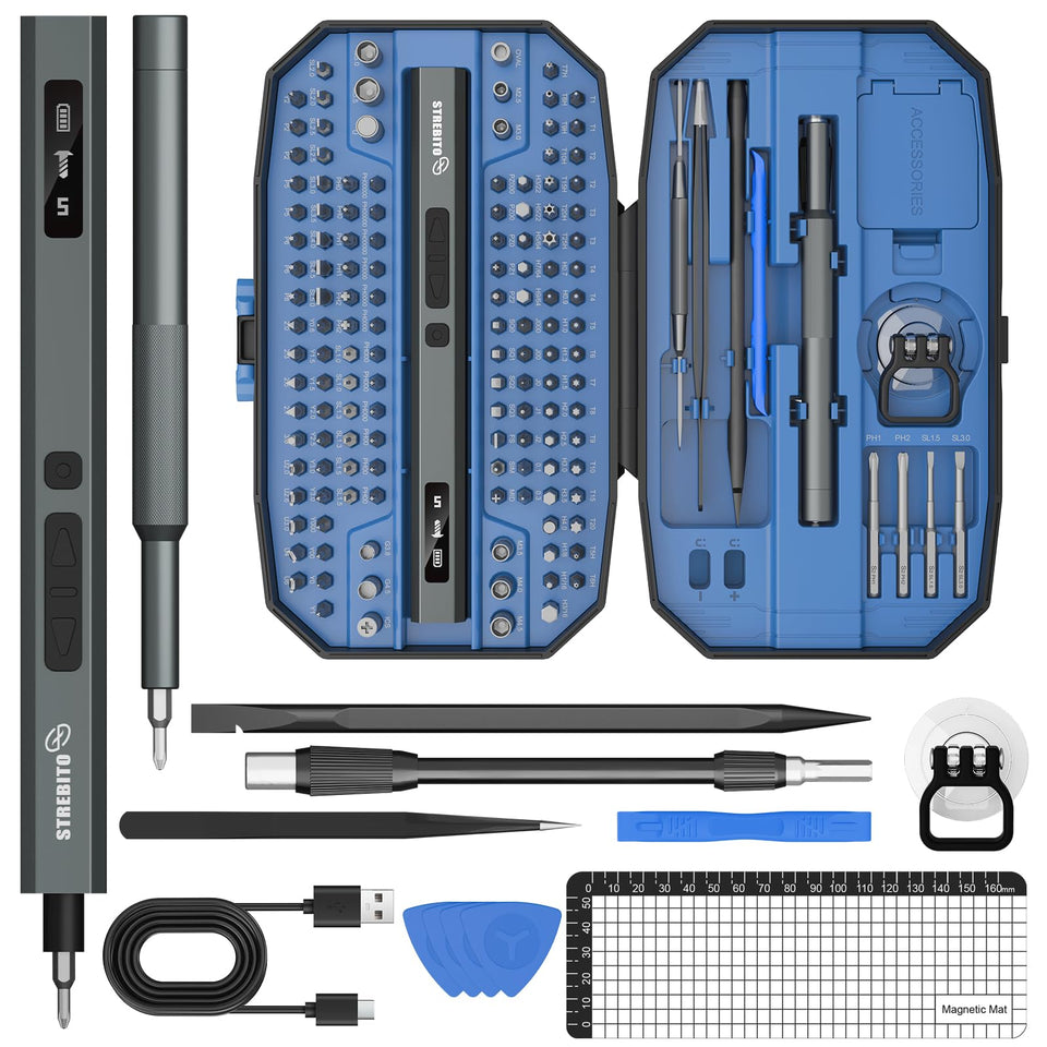 STREBITO 155-in-1 screwdriver set close-up highlighting precise torque control.