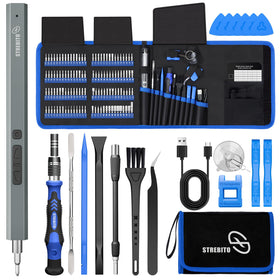 STREBITO electric screwdriver with 144-in-1 kit, compact and versatile for electronics repair.