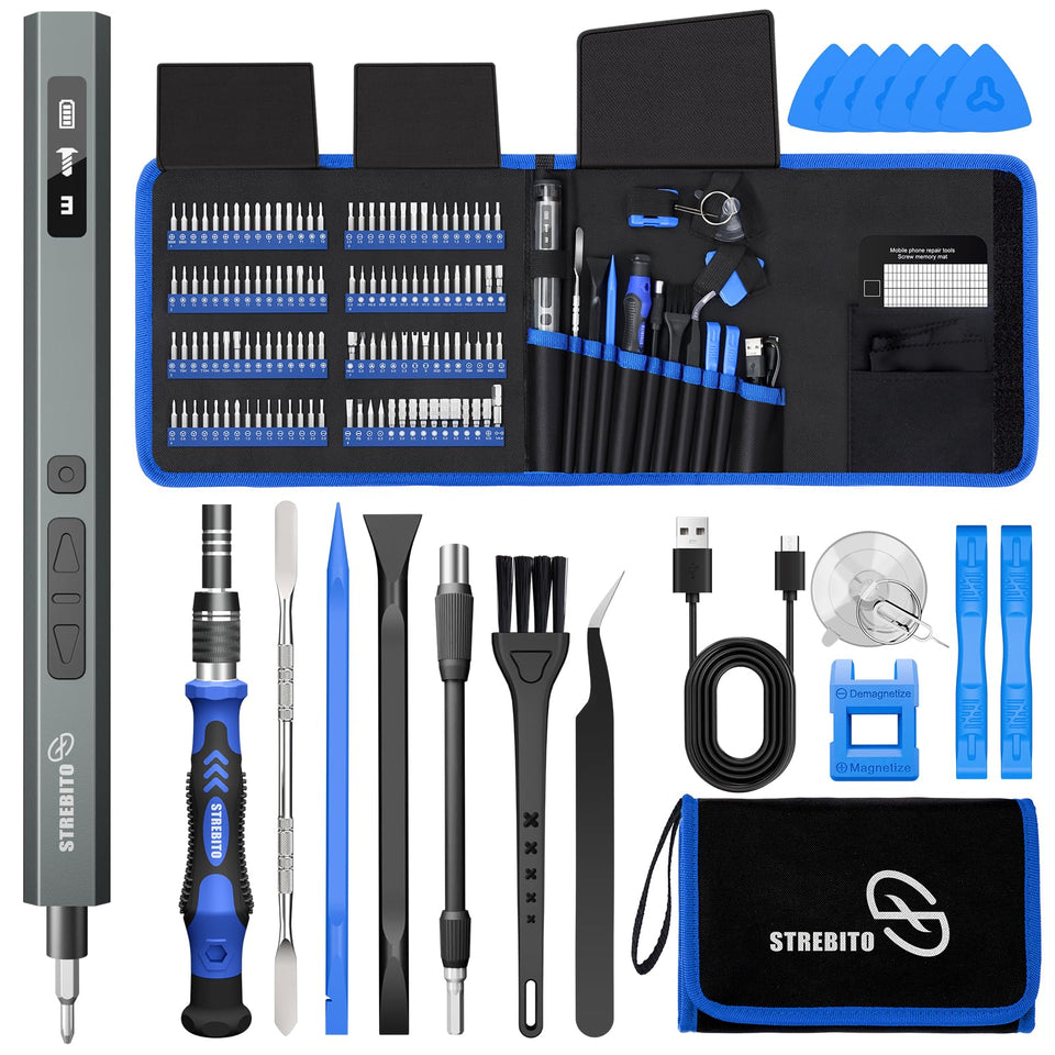 STREBITO electric screwdriver with battery display charging for electronics repair.