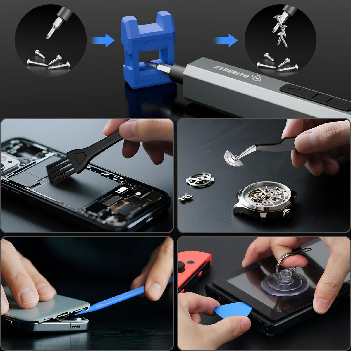 STREBITO 144-piece kit layout shows comprehensive tool assortment.