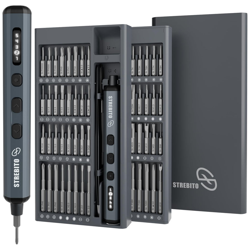 STREBITO mini screwdriver with 64 bits stored neatly for fast PC repairs.