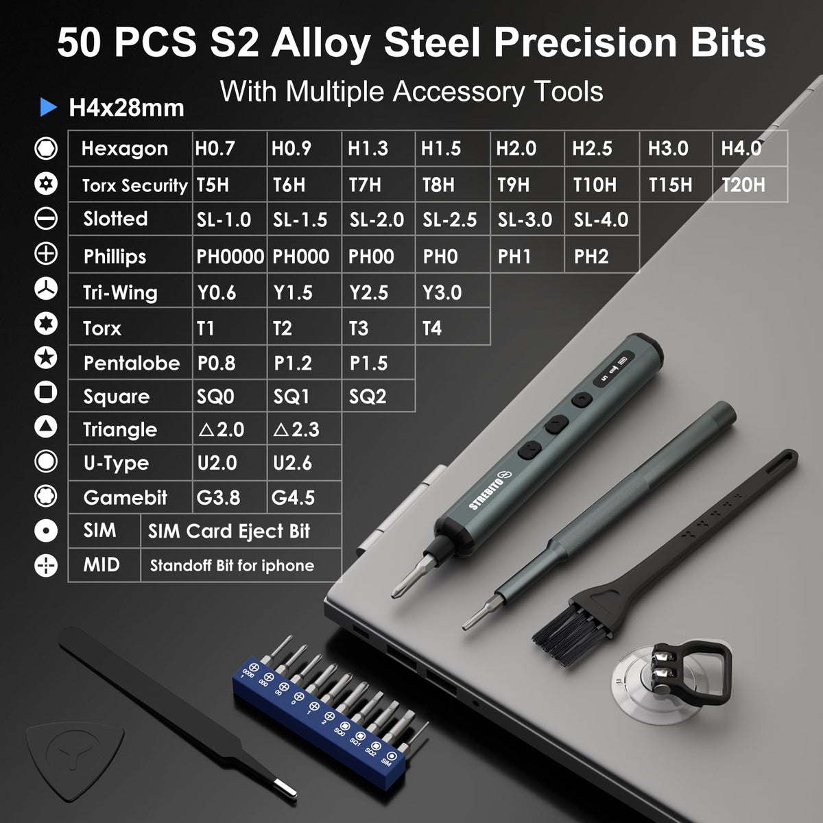 STREBITO 50-bit S2 set covers Philips, Torx, hex for versatile repairs.