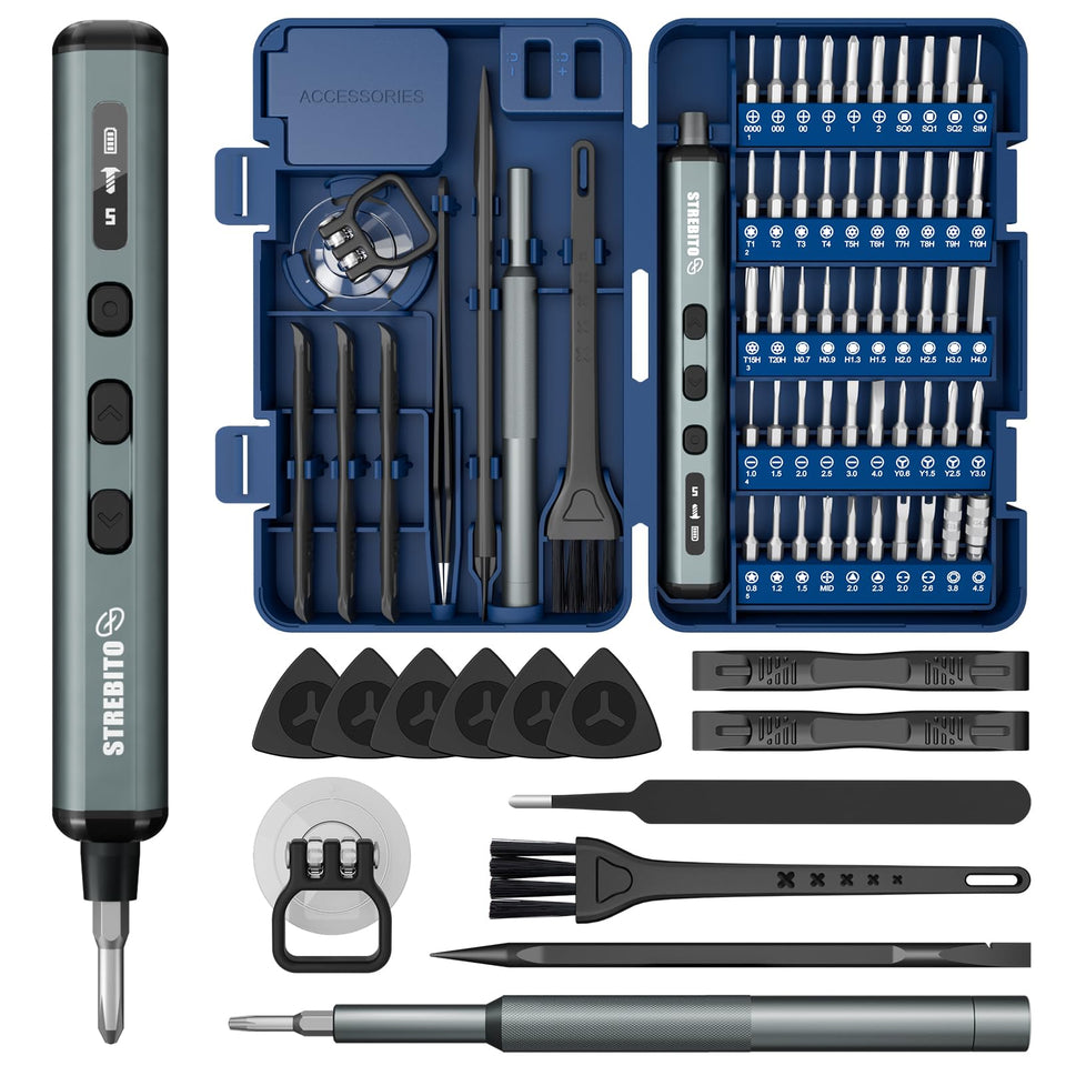 STREBITO mini electric screwdriver in compact design for precise electronics repair.