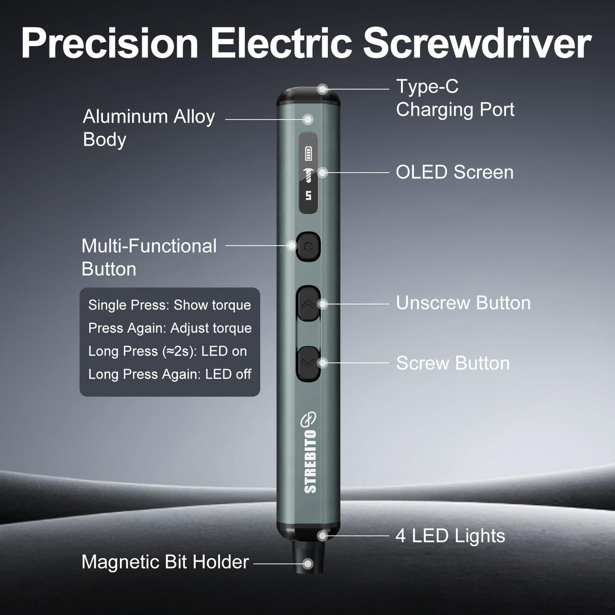 STREBITO OLED display shows torque and battery status for confident adjustments.