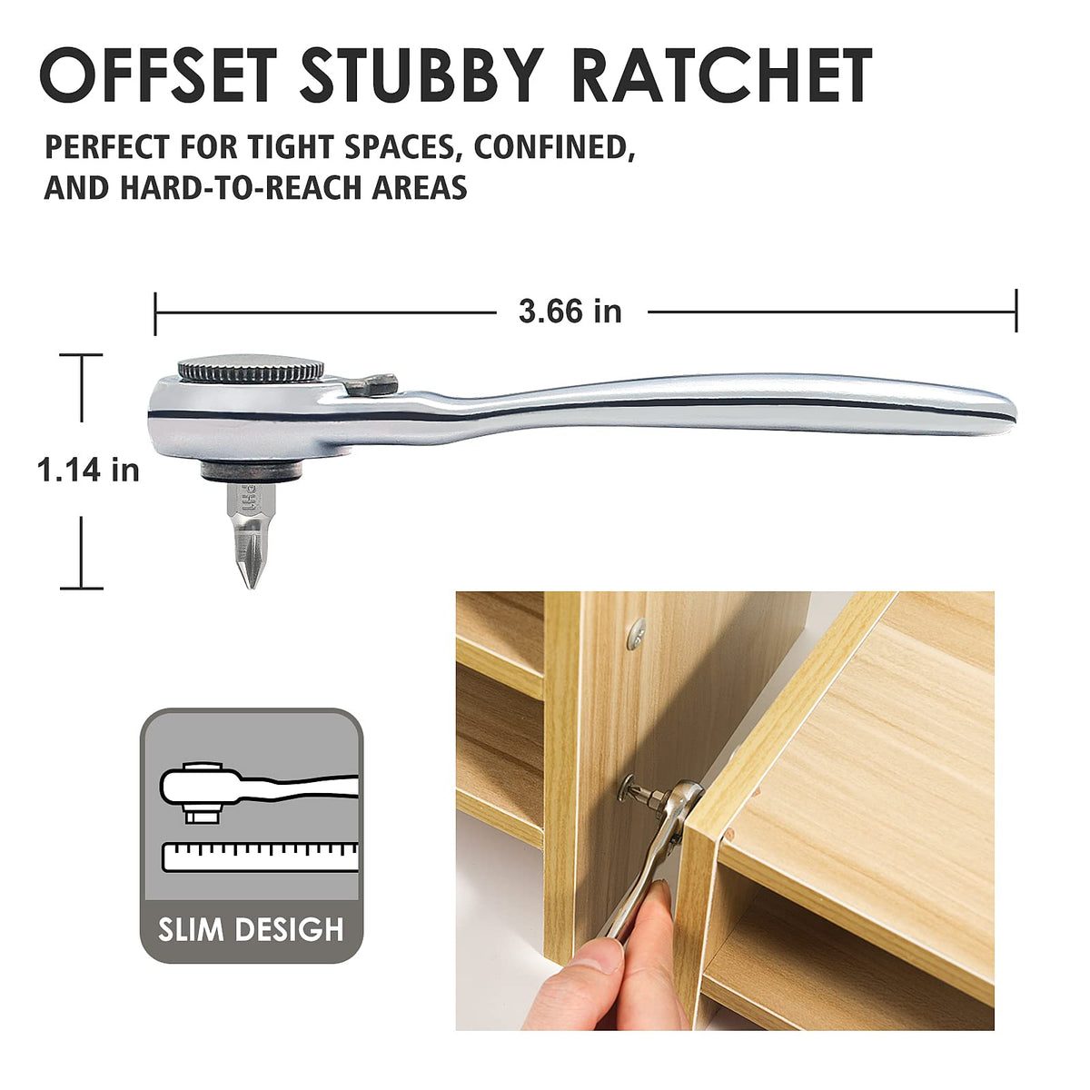 STREBITO mini-ratchet in hand enables precise turning in confined areas.