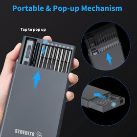 STREBITO 64 precision bits cover various fasteners for electronics repairs.