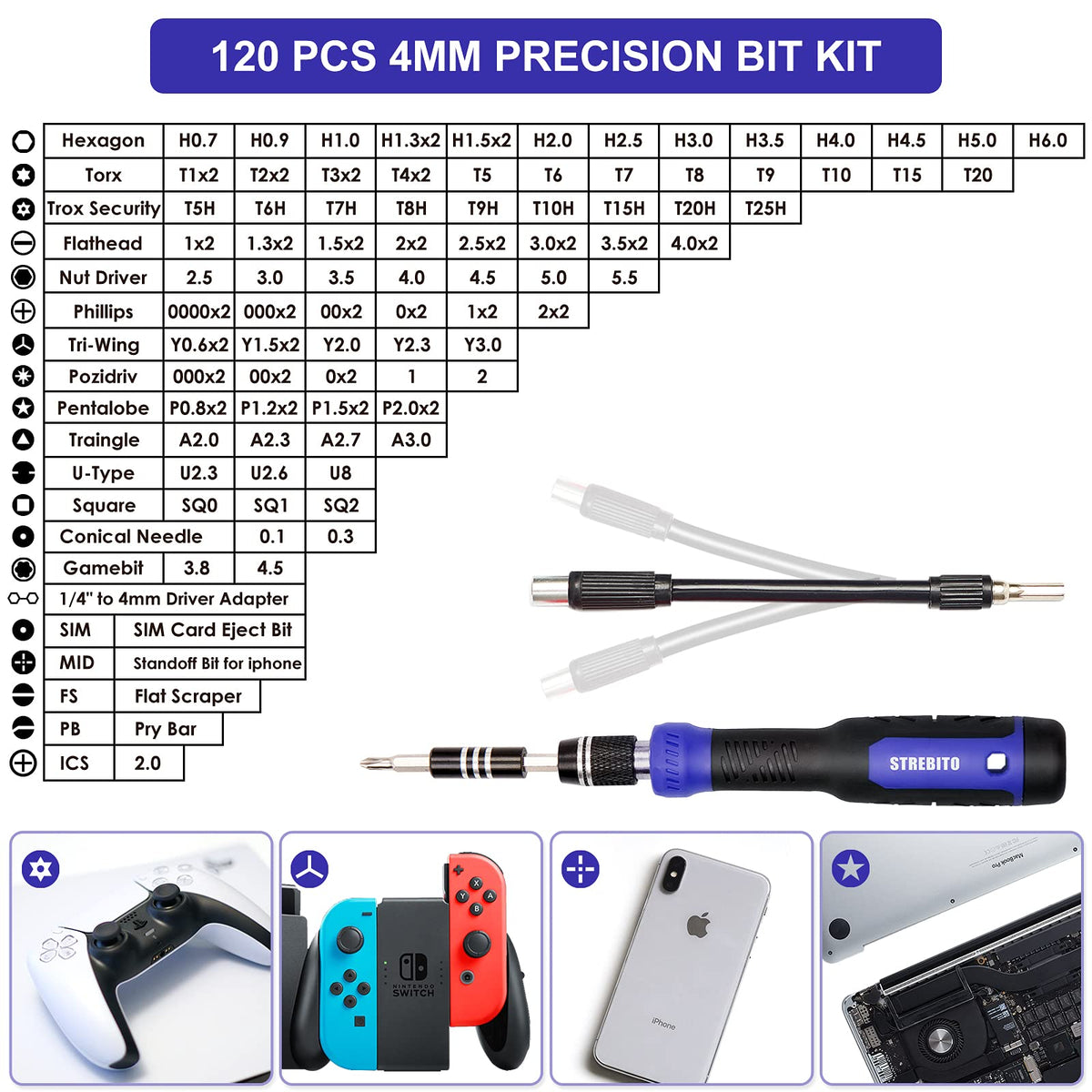 STREBITO kit with Philips, Torx and Pentalobe bits for precise screw driving