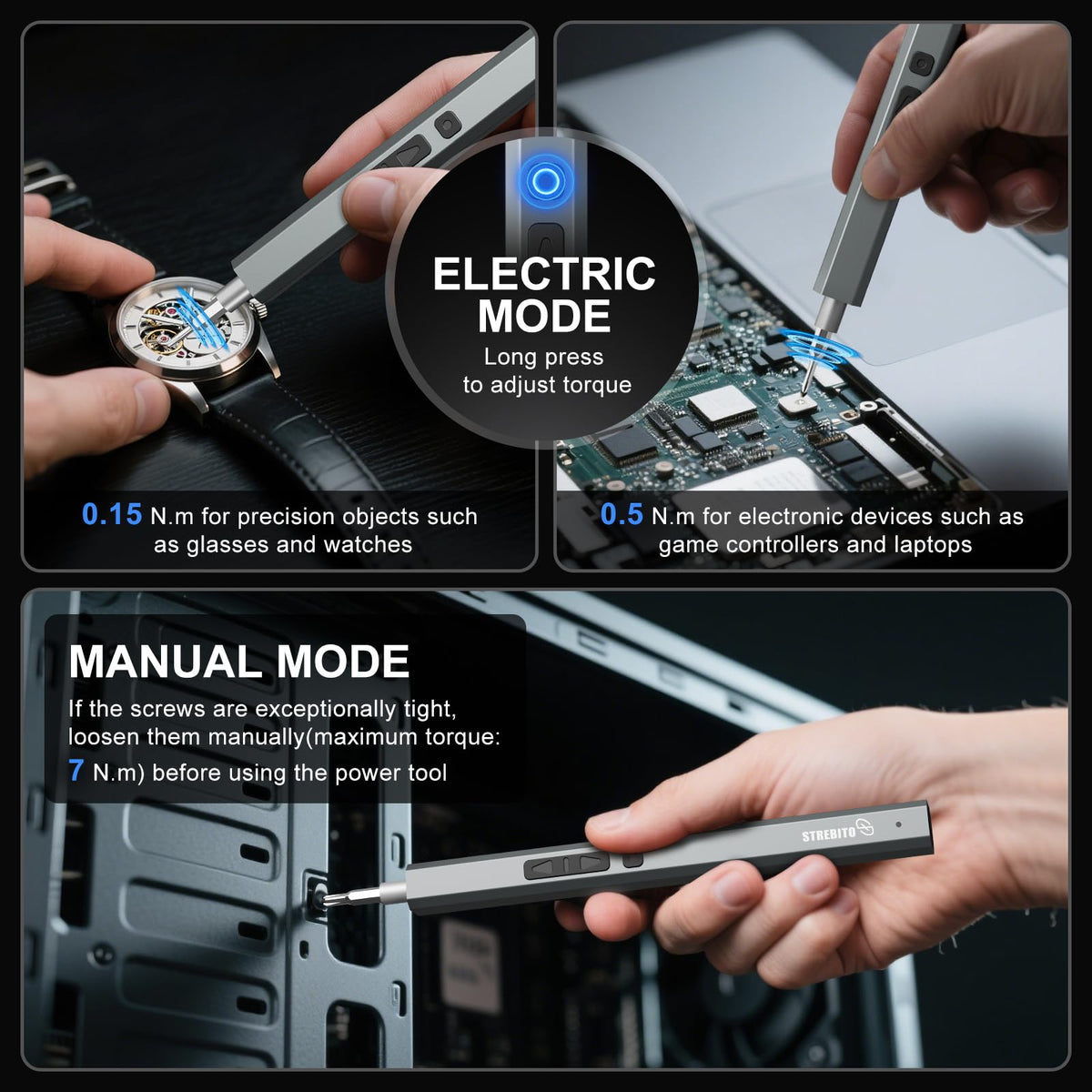 STREBITO precision screwdriver with torque control for delicate PC and laptop projects.