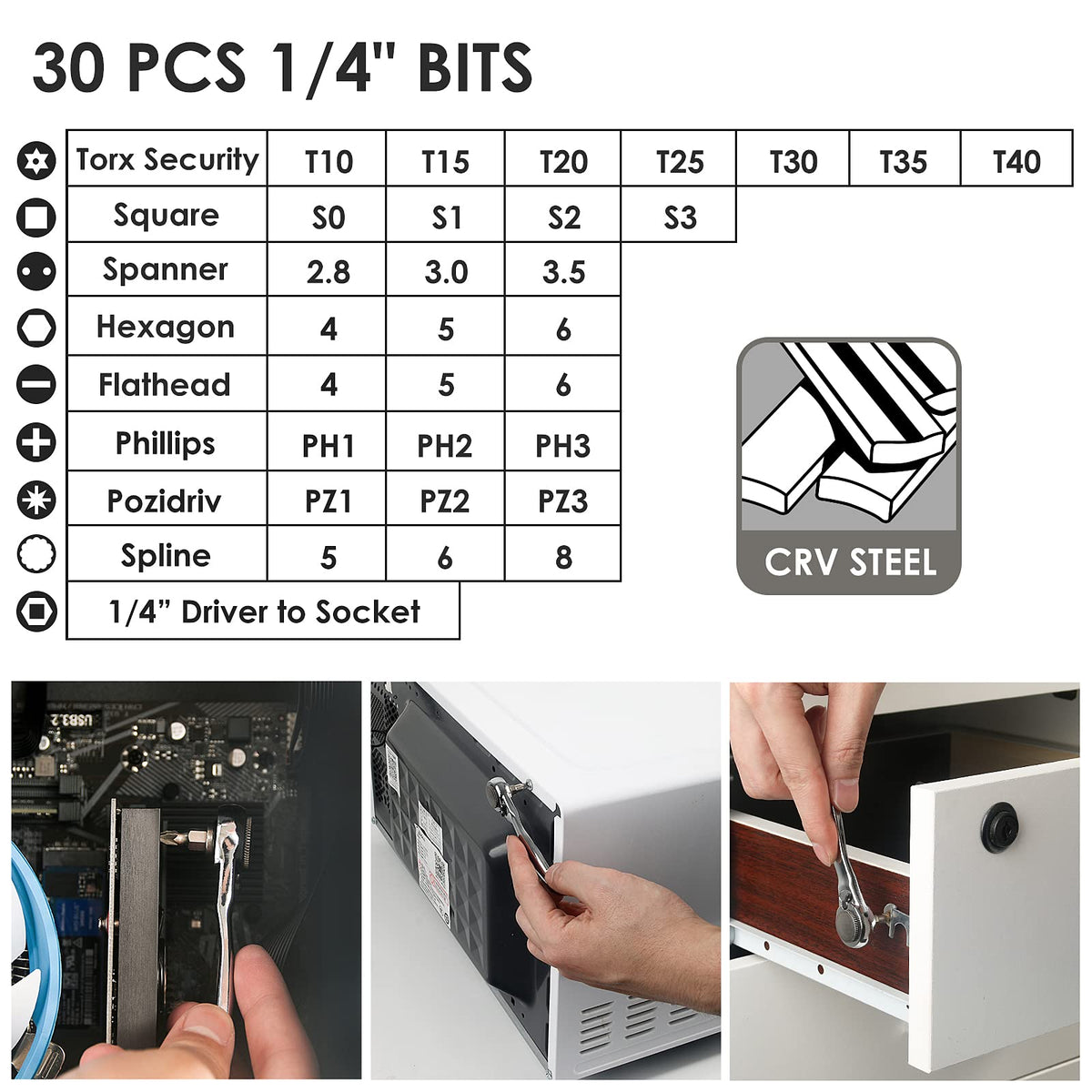 STREBITO quarter-inch bit extension reaches recessed screws with ease.