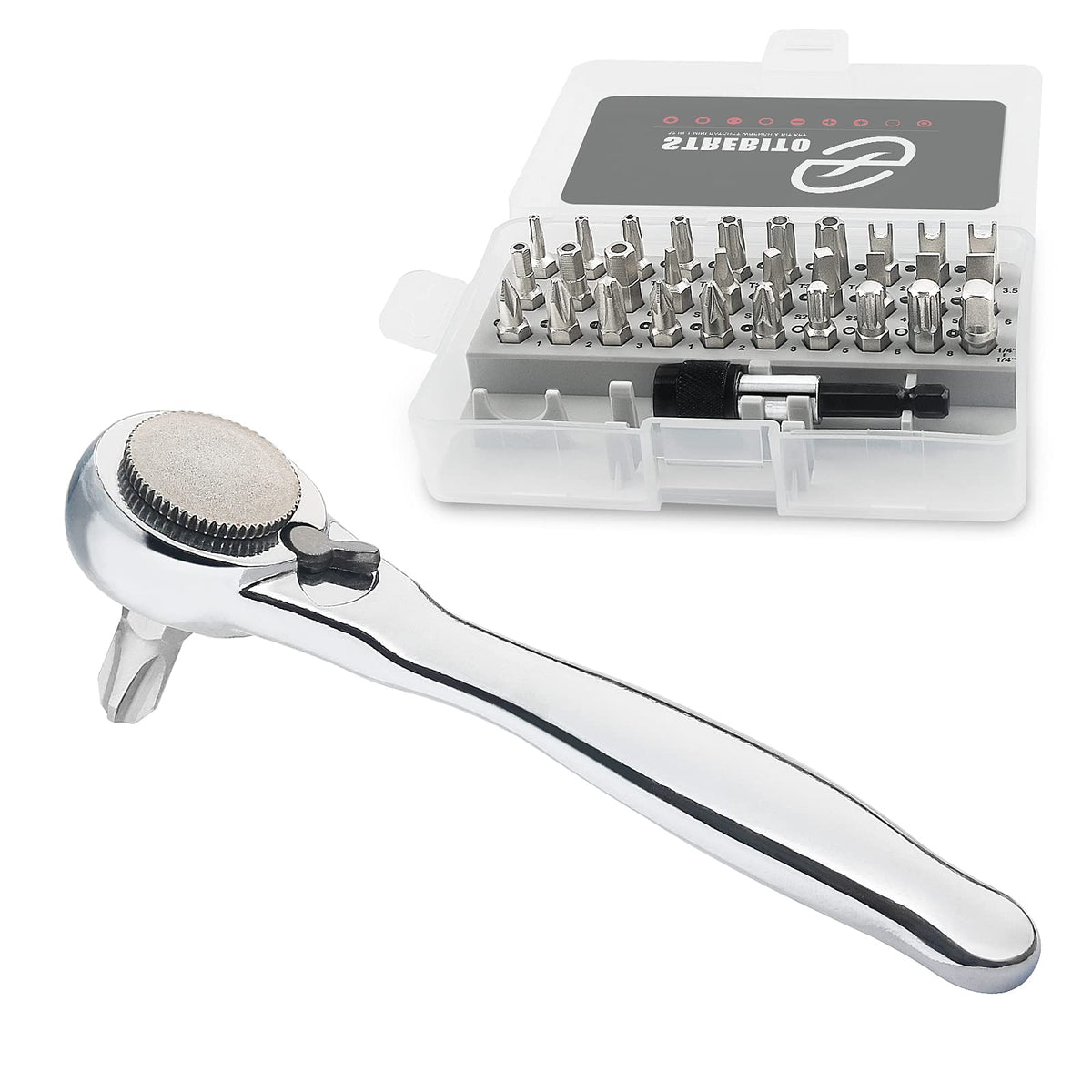 STREBITO right-angle screwdriver kit showcasing compact design for tight spaces and quick fixes.
