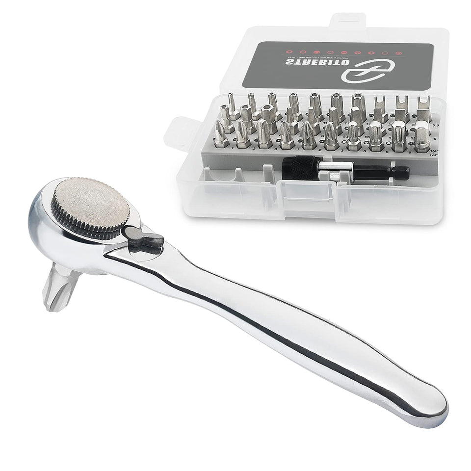 STREBITO right-angle screwdriver kit showcasing compact design for tight spaces and quick fixes.