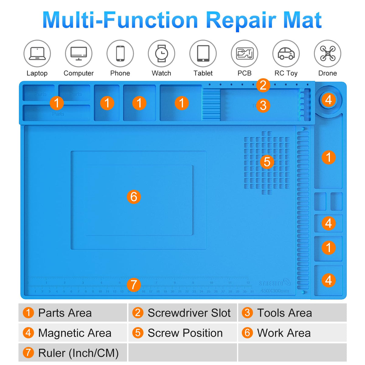 STREBITO silicone soldering mat highlighting magnetic zones for metal components