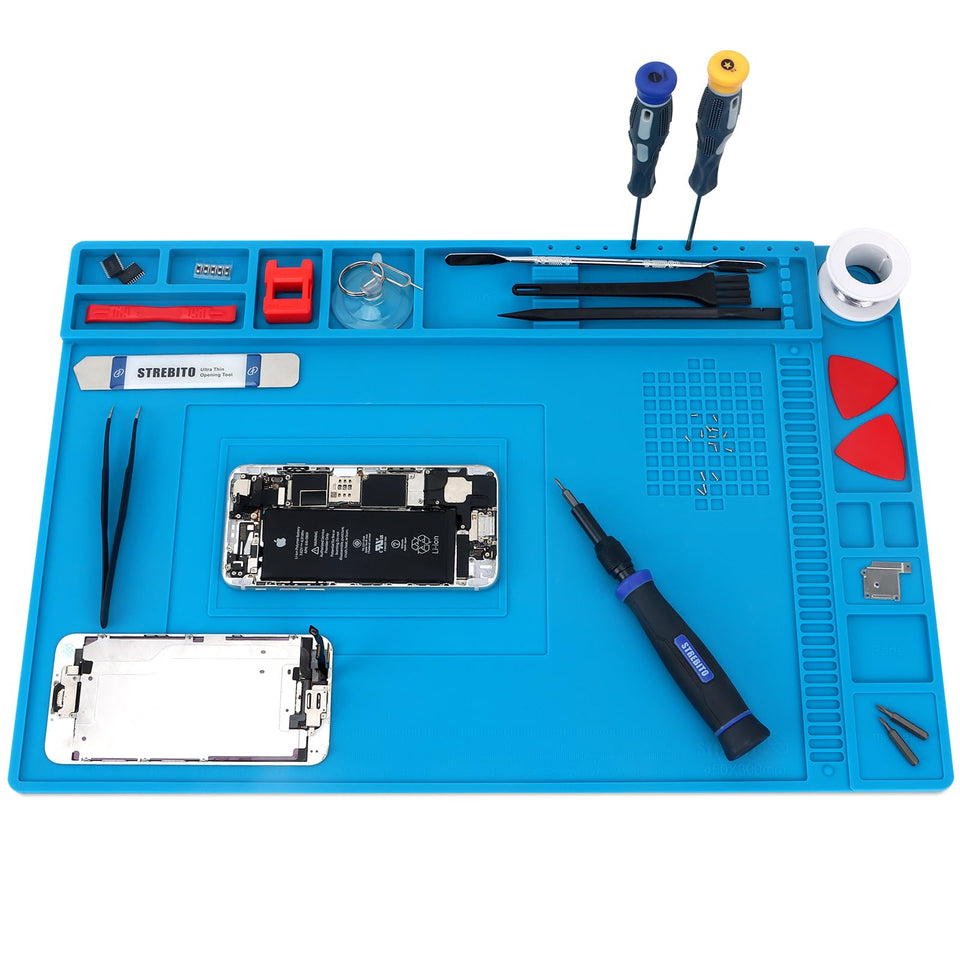 STREBITO silicone soldering mat showing organization zones for tidy repairs