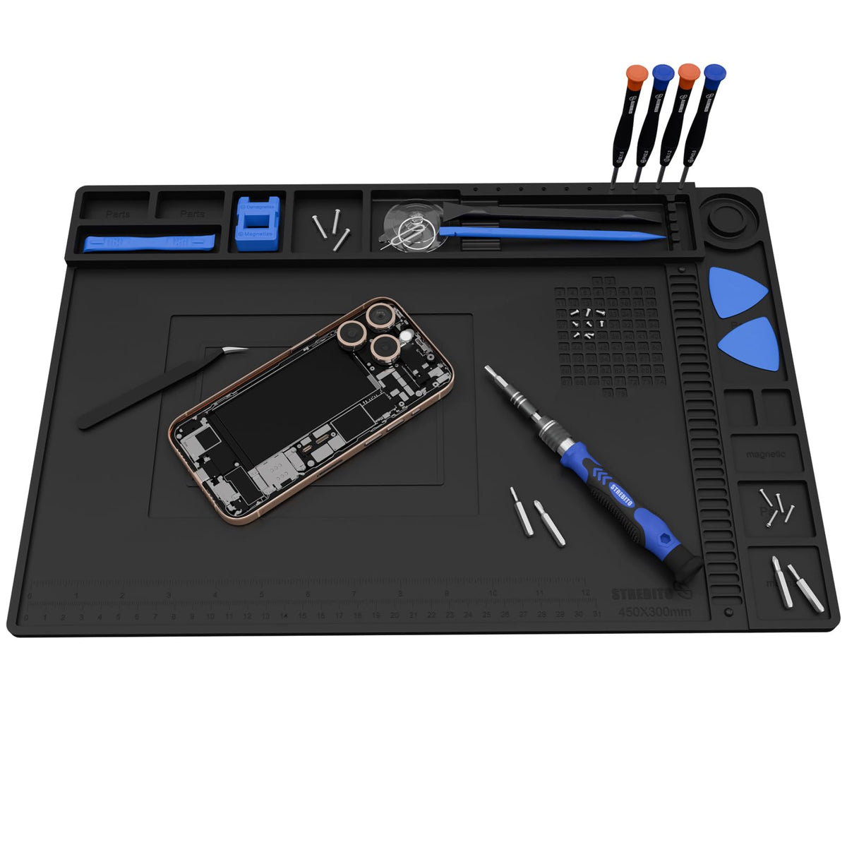 STREBITO solder mat showing an organized workspace with 110 compartments for small parts.