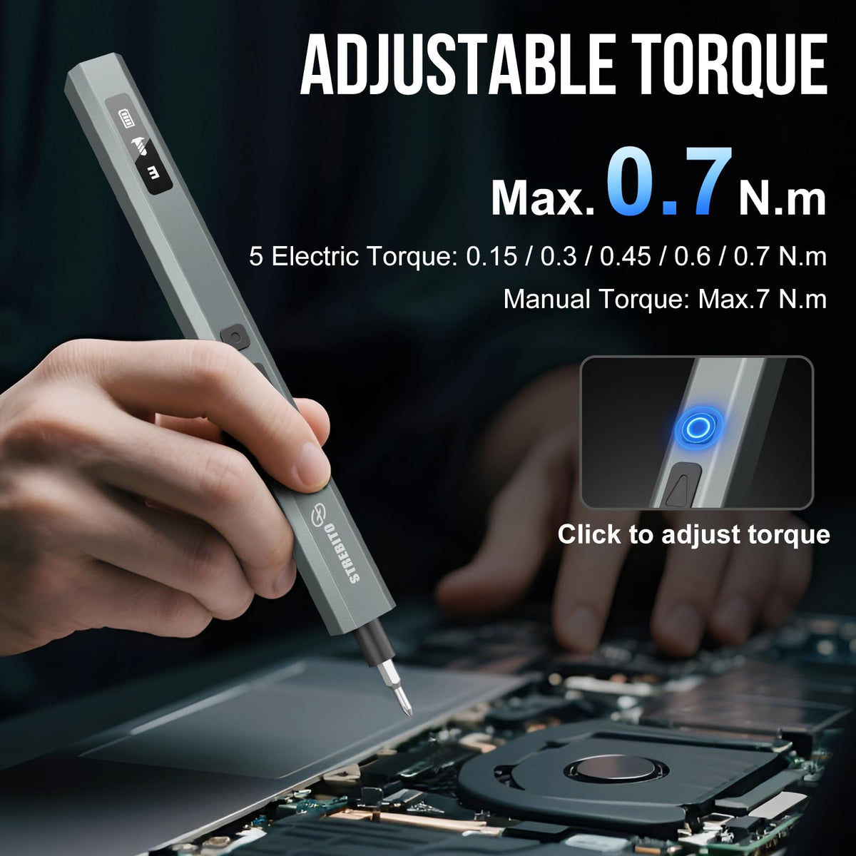 STREBITO torque dial showing five settings for precise control.