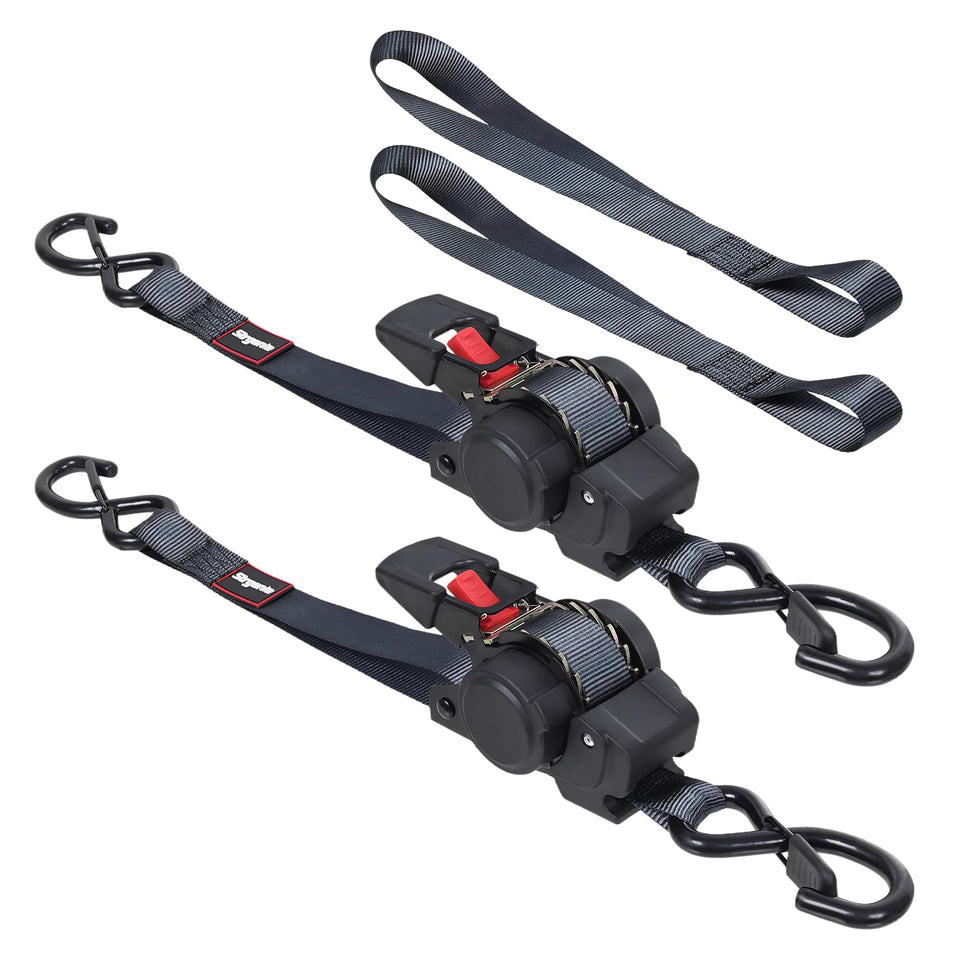 Strgenie retractable ratchet strap 12ft in use for secure cargo on a trailer.