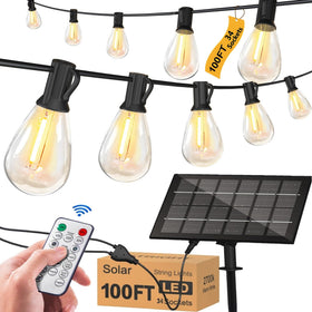 Stright solar string lights mounted outdoors with panel and bulbs for 100ft area