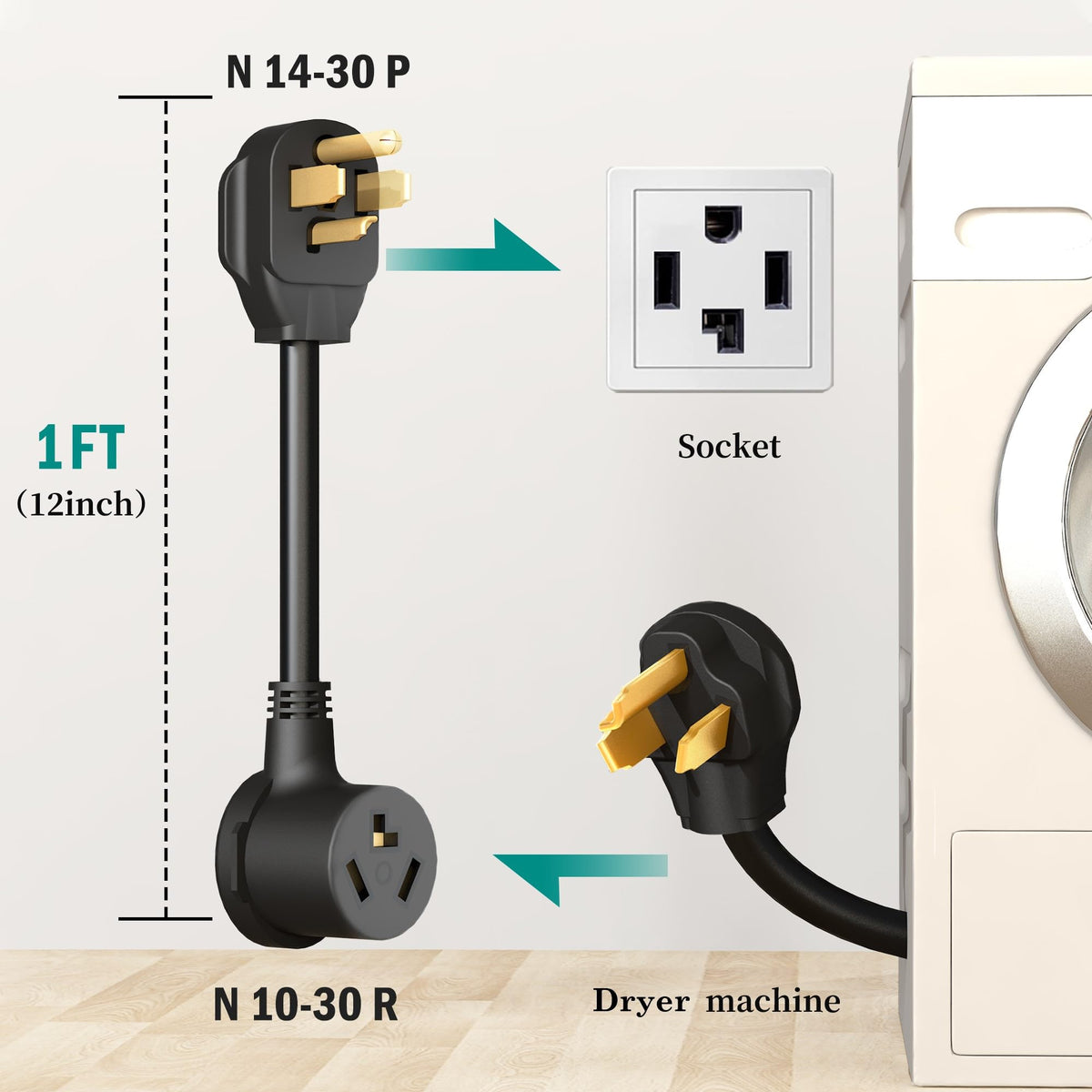 Strightinc NEMA 14-30P to 10-30R adapter connection enabling 4-prong outlet use