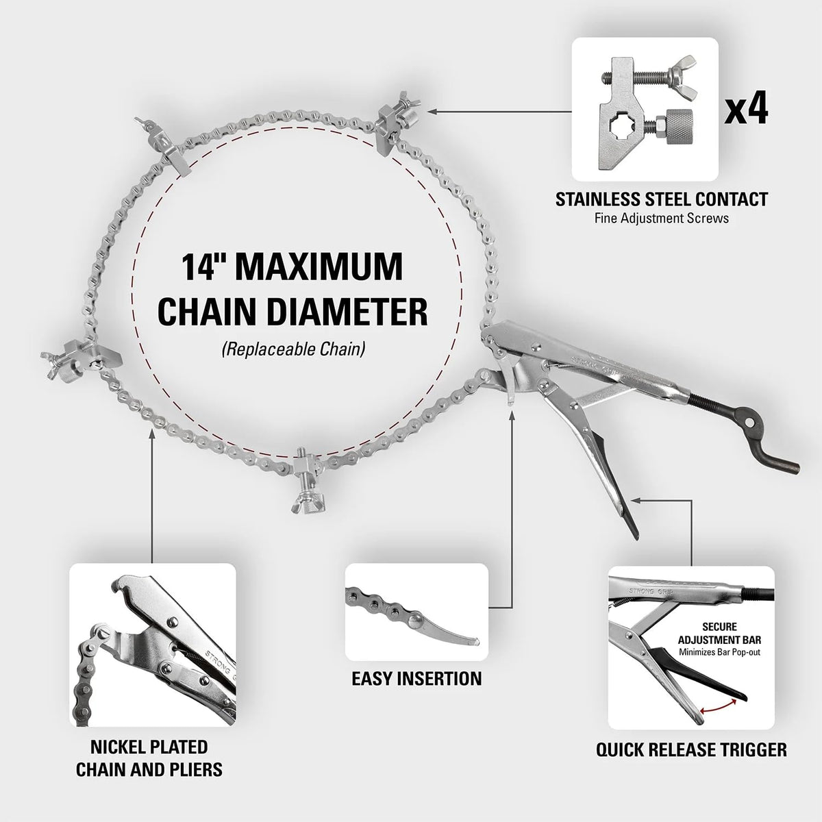 Strong Hand Tools 14-inch max holding diameter handles common pipe sizes.
