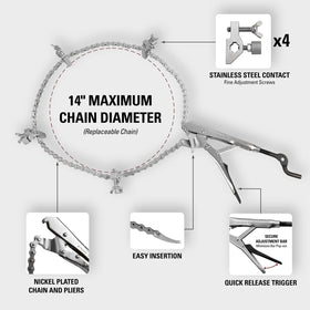 Strong Hand Tools 14-inch max holding diameter handles common pipe sizes.